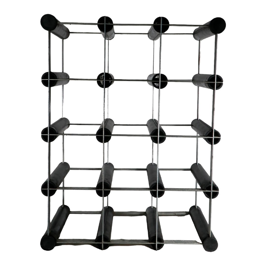 Mid Century Architectural Aluminum and Plastic Wine Rack: Architectural wine rack holding up to 12 bottles, constructed of tubular black plastic elements joined by flat aluminum cross members. The wine rack is structurally sound and sturdy, it does show cosm