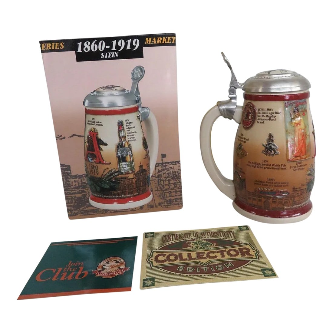 Anheuser Busch Marketing Milestone Series 1860-1919 Stein in a Box: This magnificent beer stein is made of ceramic and metal with a cardboard box. This brilliant stein stamp on the bottom " Marketing Milestones Stein Series 1860-1919" , " first in a series if three".
