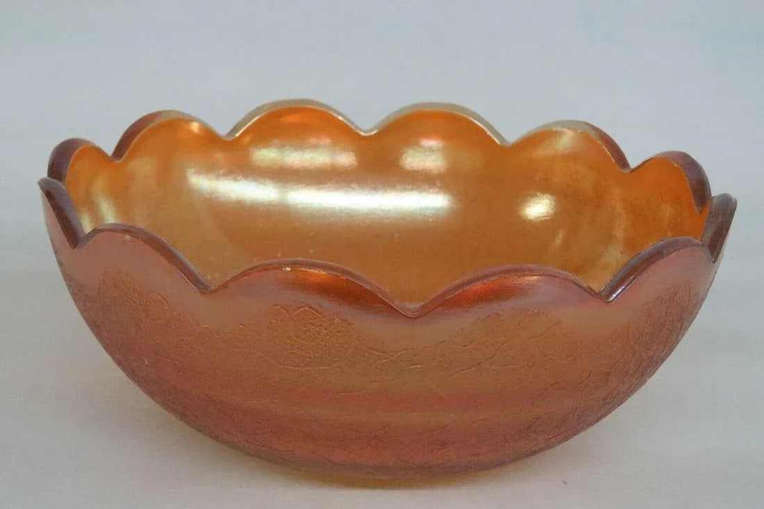 Jeannette Crackle Style Marigold Carnival Glass Iridescent Bowl - 10