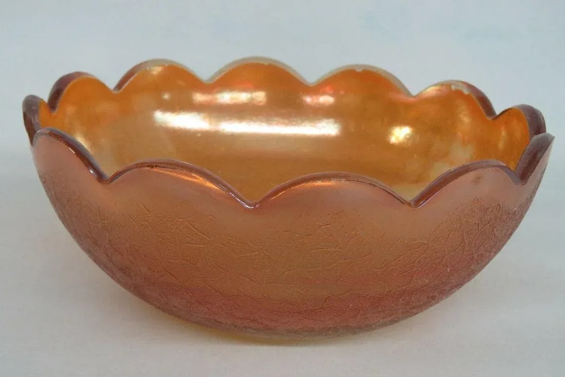 Jeannette Crackle Style Marigold Carnival Glass Iridescent Bowl - 11