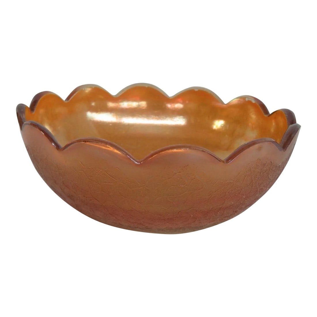 Jeannette Crackle Style Marigold Carnival Glass Iridescent Bowl: This stunning Bowl is made of glass. This bowl has excellent vintage design made in the lovely Crackle style by Jeannette Glass; it features a classic scalloped edge silhouette, a delightfully