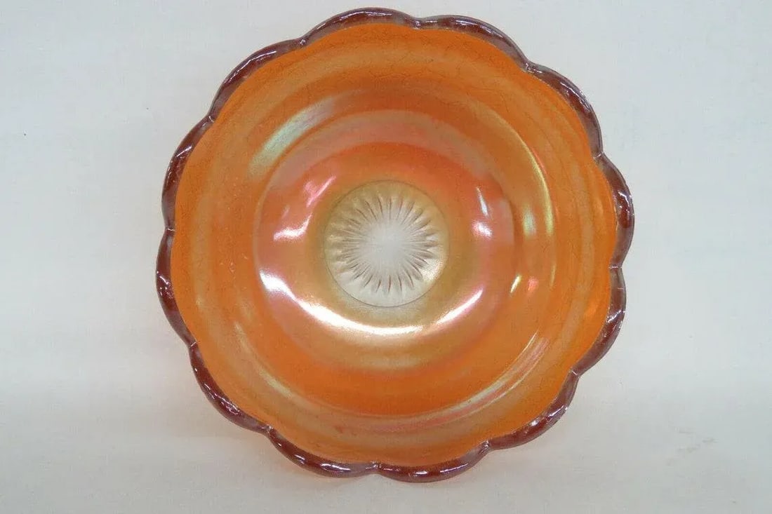 Jeannette Crackle Style Marigold Carnival Glass Iridescent Bowl - 6