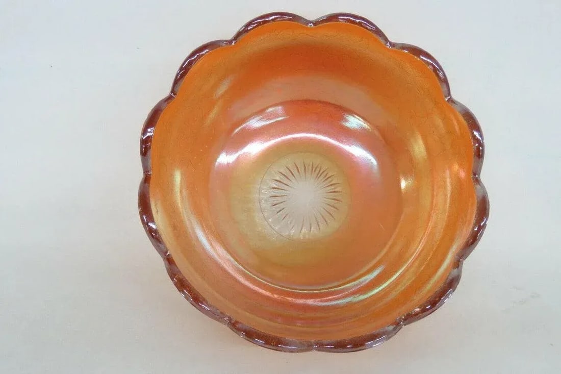 Jeannette Crackle Style Marigold Carnival Glass Iridescent Bowl - 9