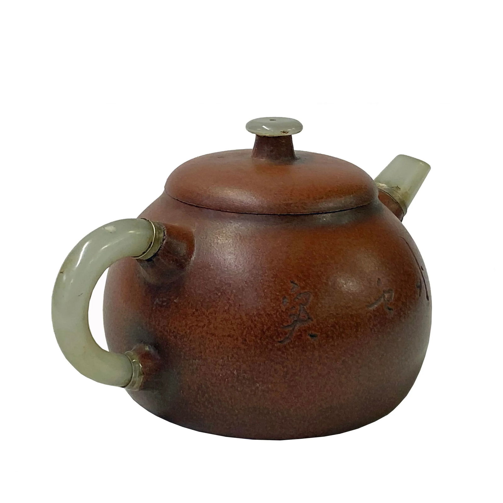 Chinese Zisha Clay Brown Jade Stone Handle Teapot Display Art - 3