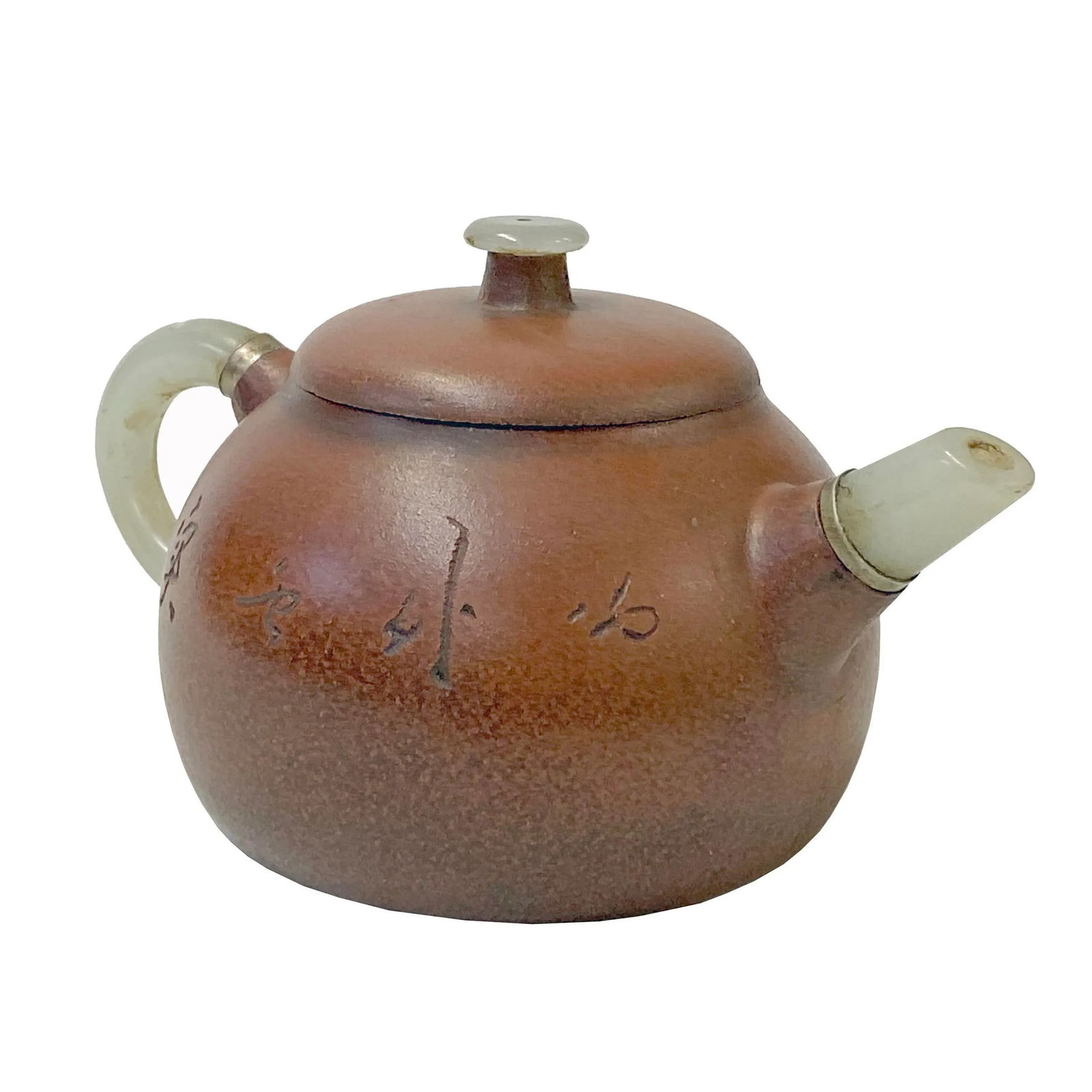 Chinese Zisha Clay Brown Jade Stone Handle Teapot Display Art - 4
