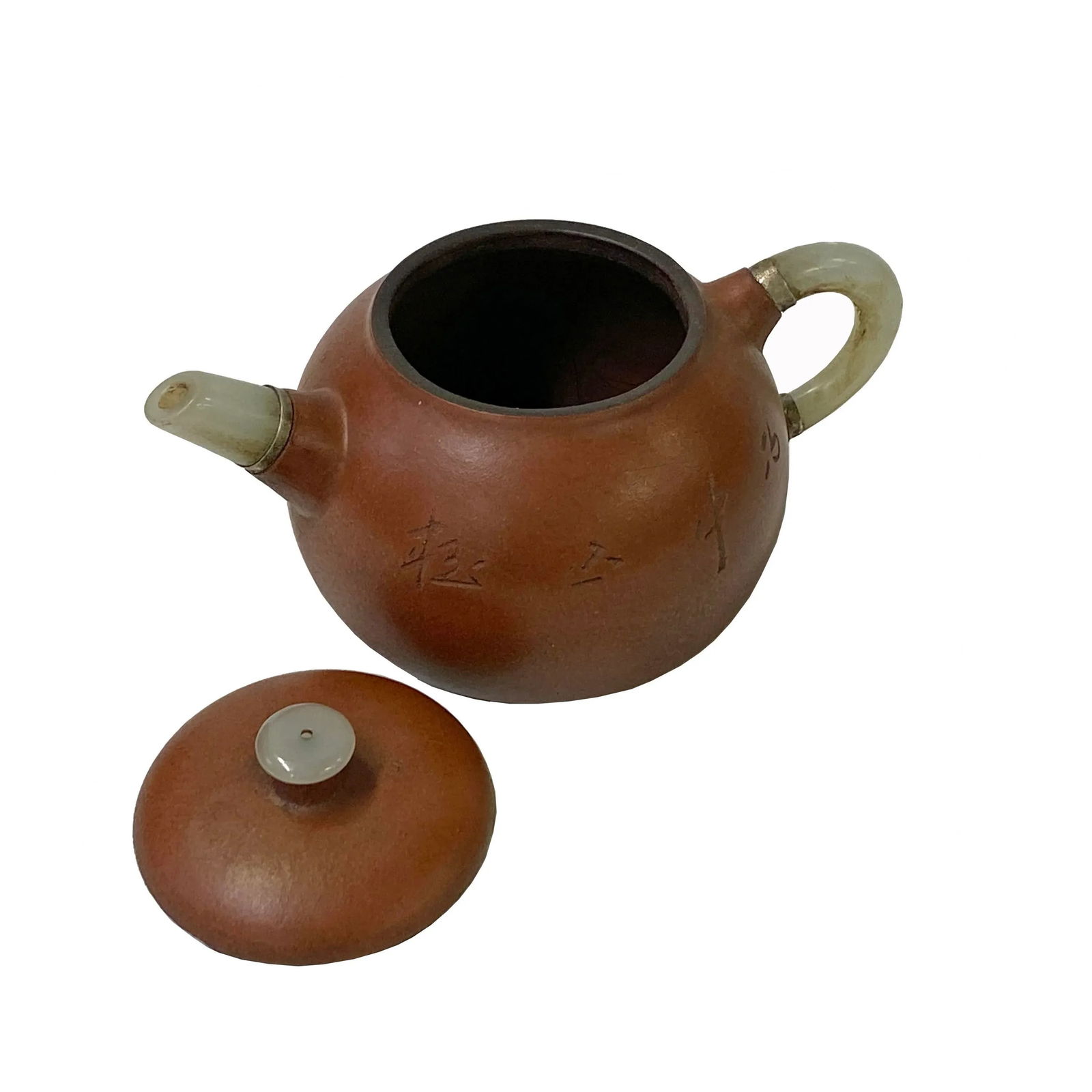 Chinese Zisha Clay Brown Jade Stone Handle Teapot Display Art - 9