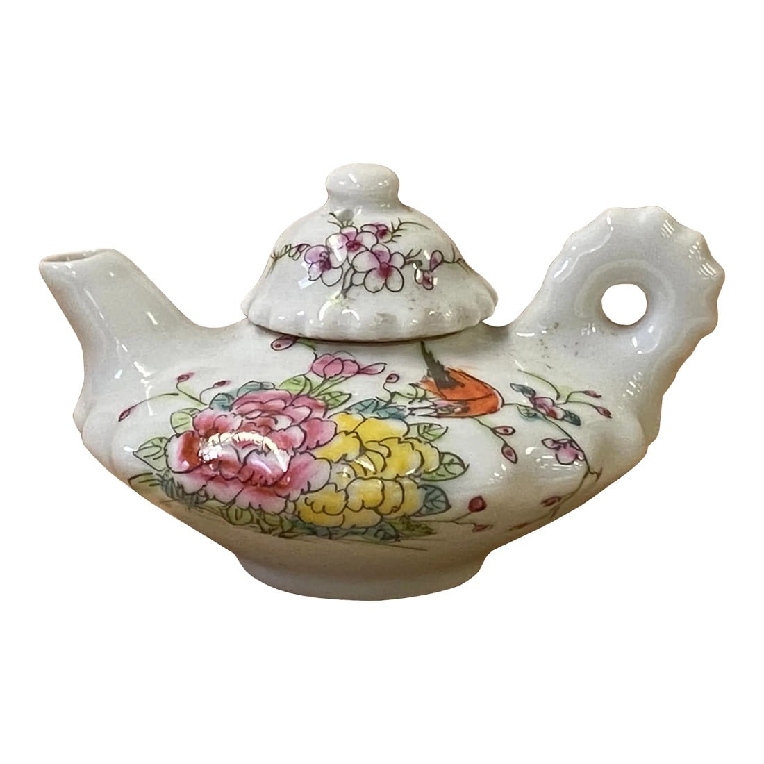 Chinese White Porcelain Flower Bird Graphic Teapot Shape Display: Quality handmade blue-white teapot shape display with flower bird calligraphy graphics. Not for beverage serving. Dimension: 4.5" x 4"X h3" Origin: China Material: Porcelain Condition: