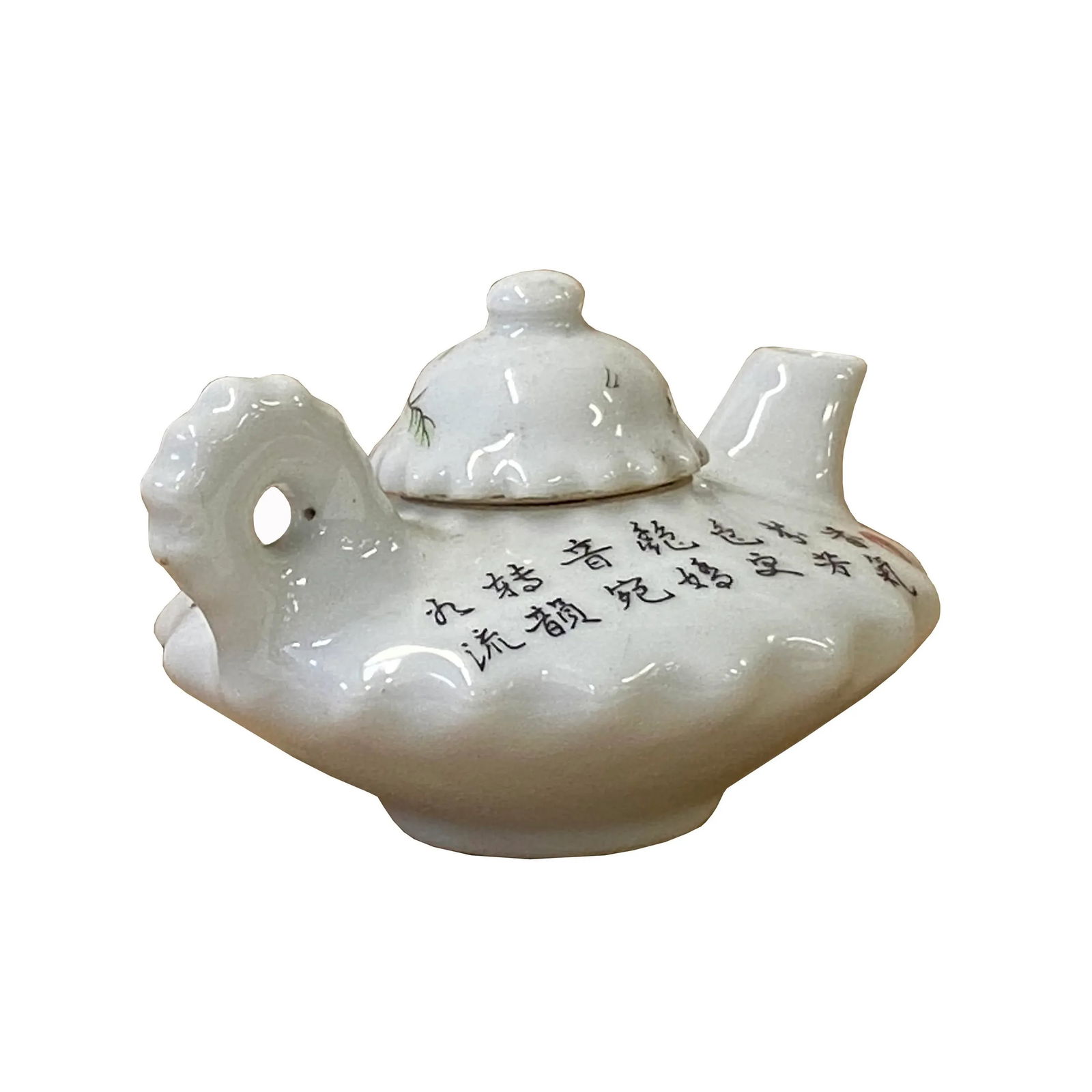 Chinese White Porcelain Flower Bird Graphic Teapot Shape Display - 3