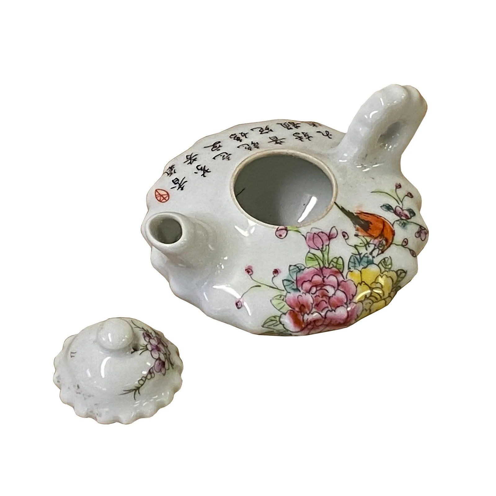 Chinese White Porcelain Flower Bird Graphic Teapot Shape Display - 4