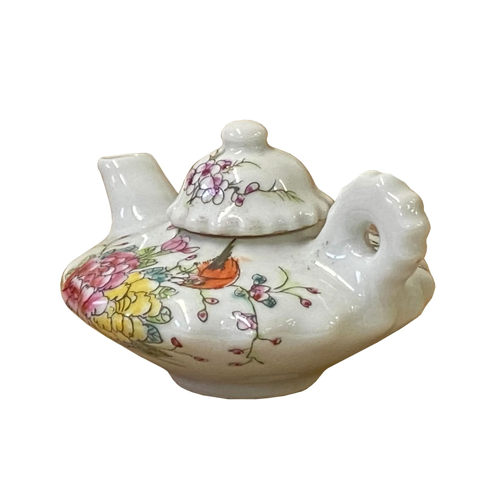 Chinese White Porcelain Flower Bird Graphic Teapot Shape Display - 6