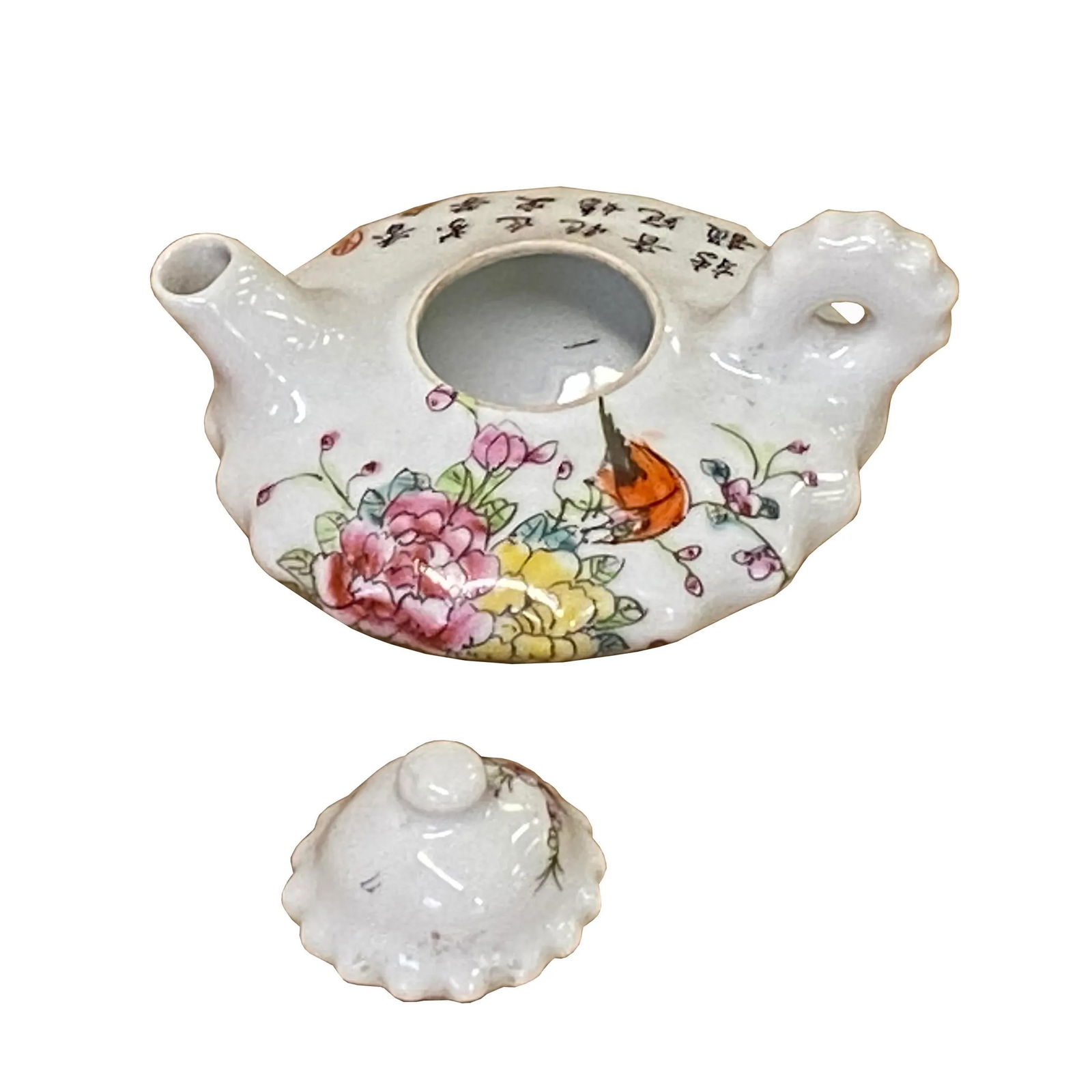 Chinese White Porcelain Flower Bird Graphic Teapot Shape Display - 7