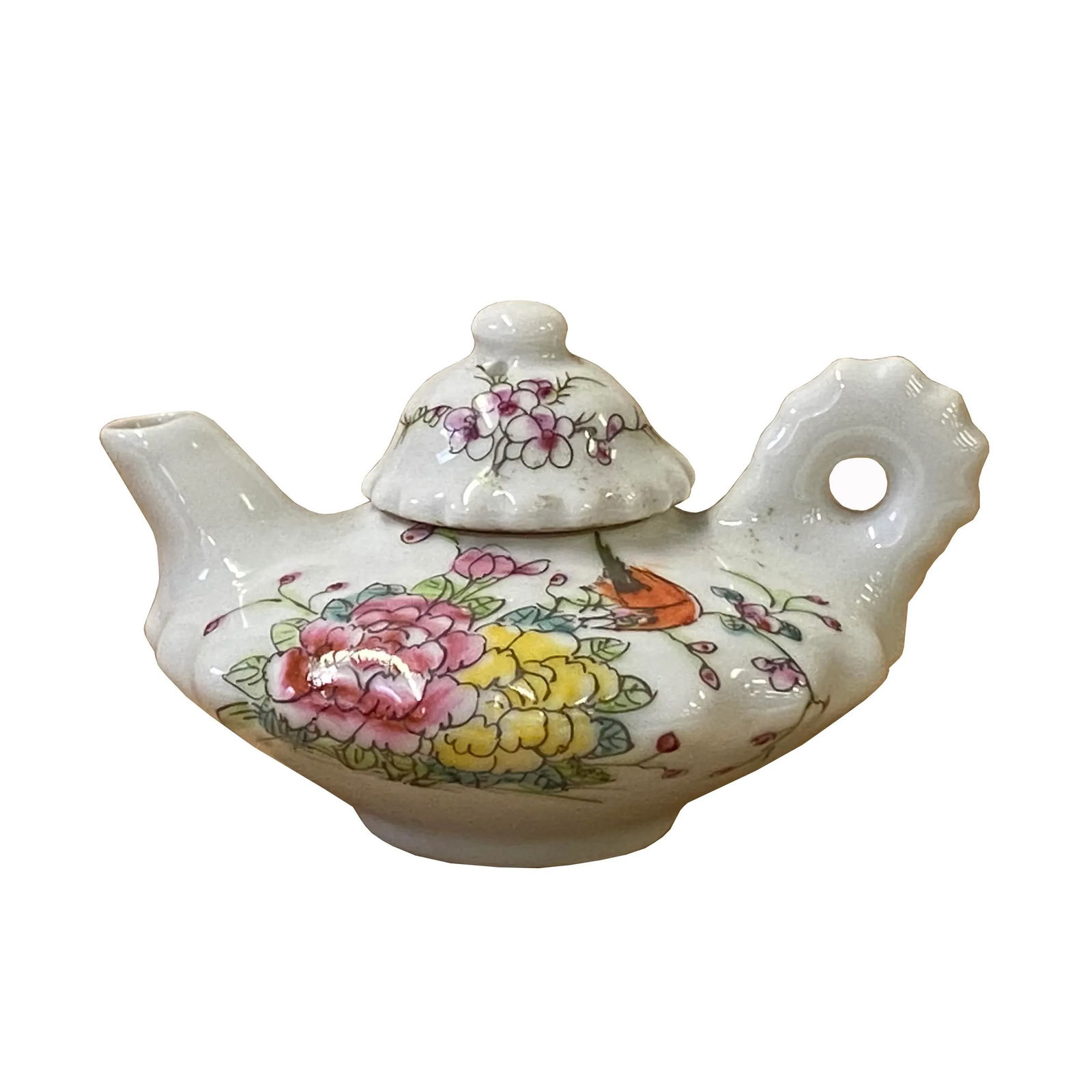 Chinese White Porcelain Flower Bird Graphic Teapot Shape Display - 9