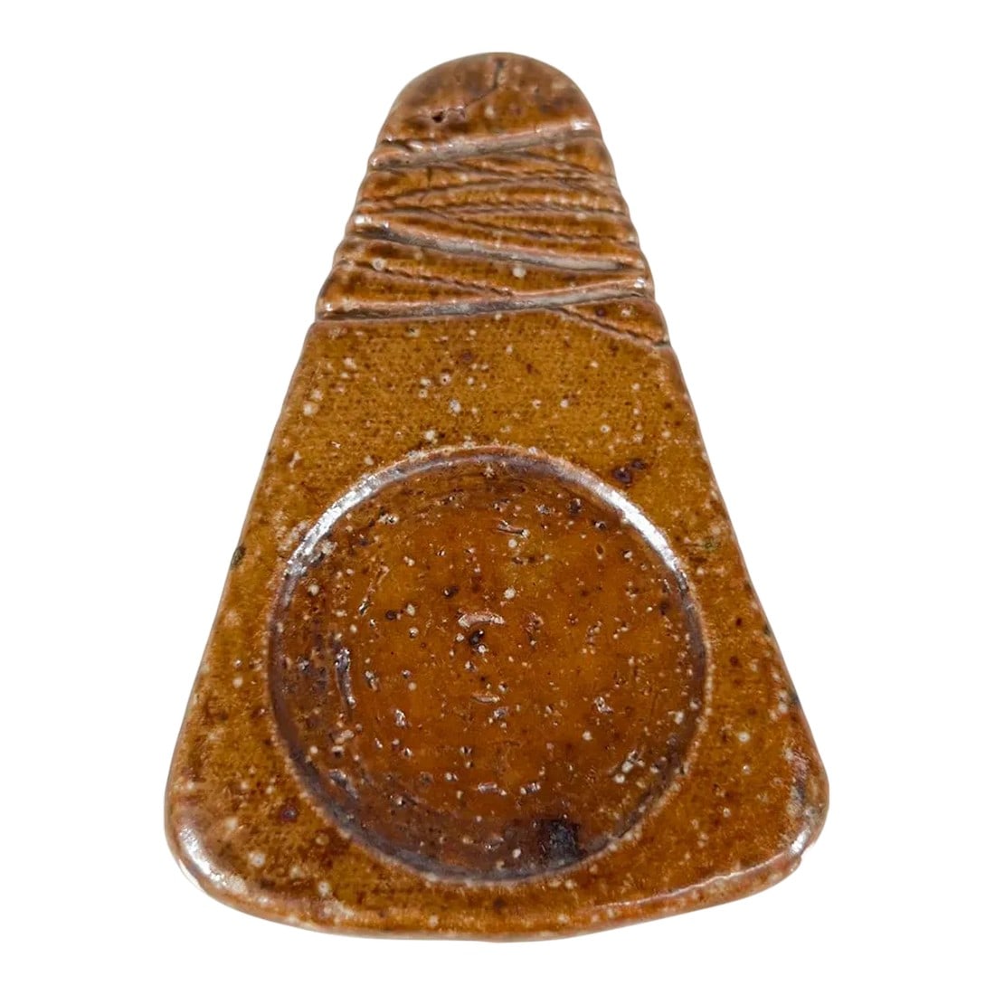 1980s Modern Speckled Brown Dish Glazed Pottery Art: AMBIANIC presents 1980s Modern Triangular Small Speckled Brown Dish Glazed Pottery Art Signed by Melching 80 3.25 long x 2.5 w x .38 thick Preowned vintage condition. See images provided. 