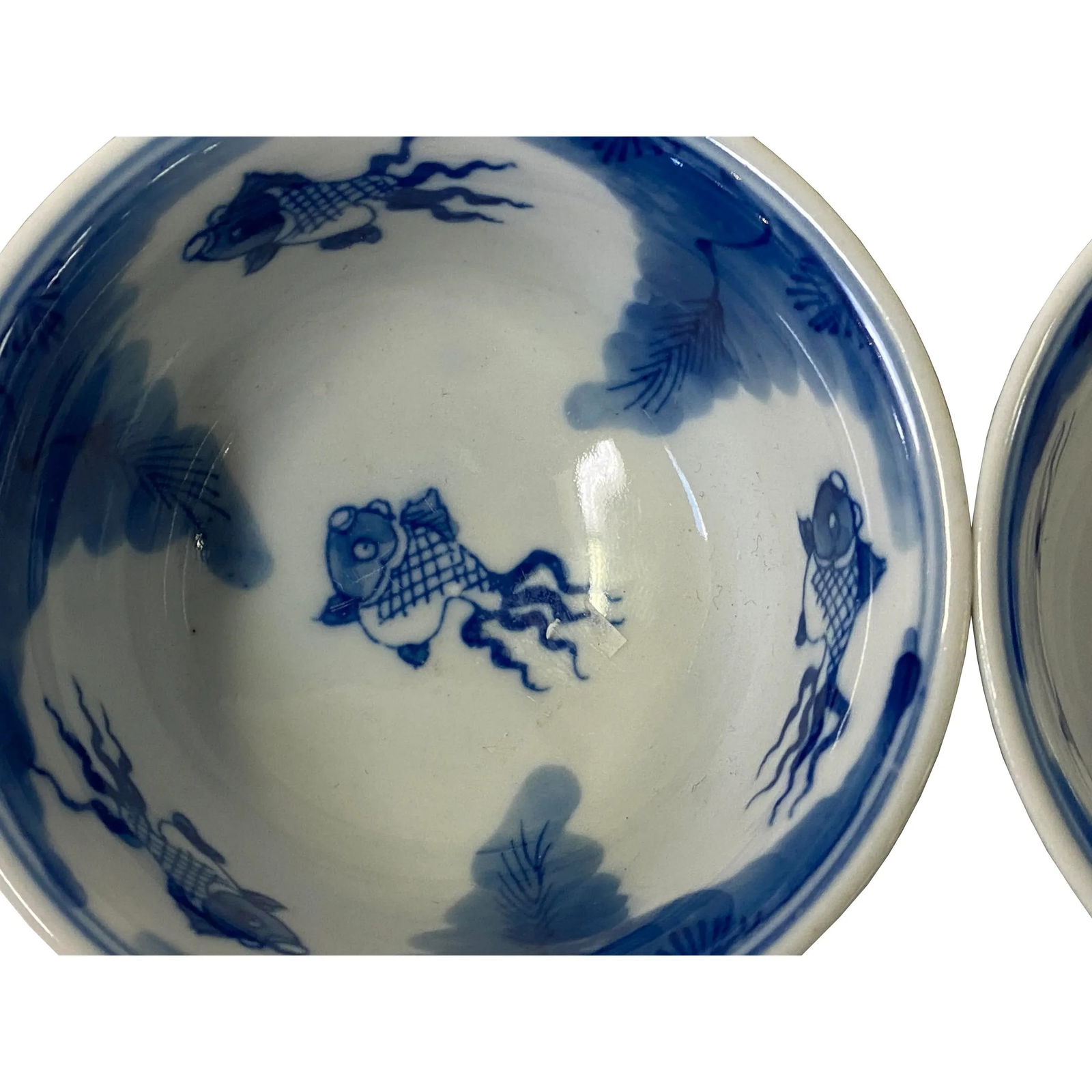 2 X Chinese Porcelain Blue White Fishes Scenery Cup Display Art - 4