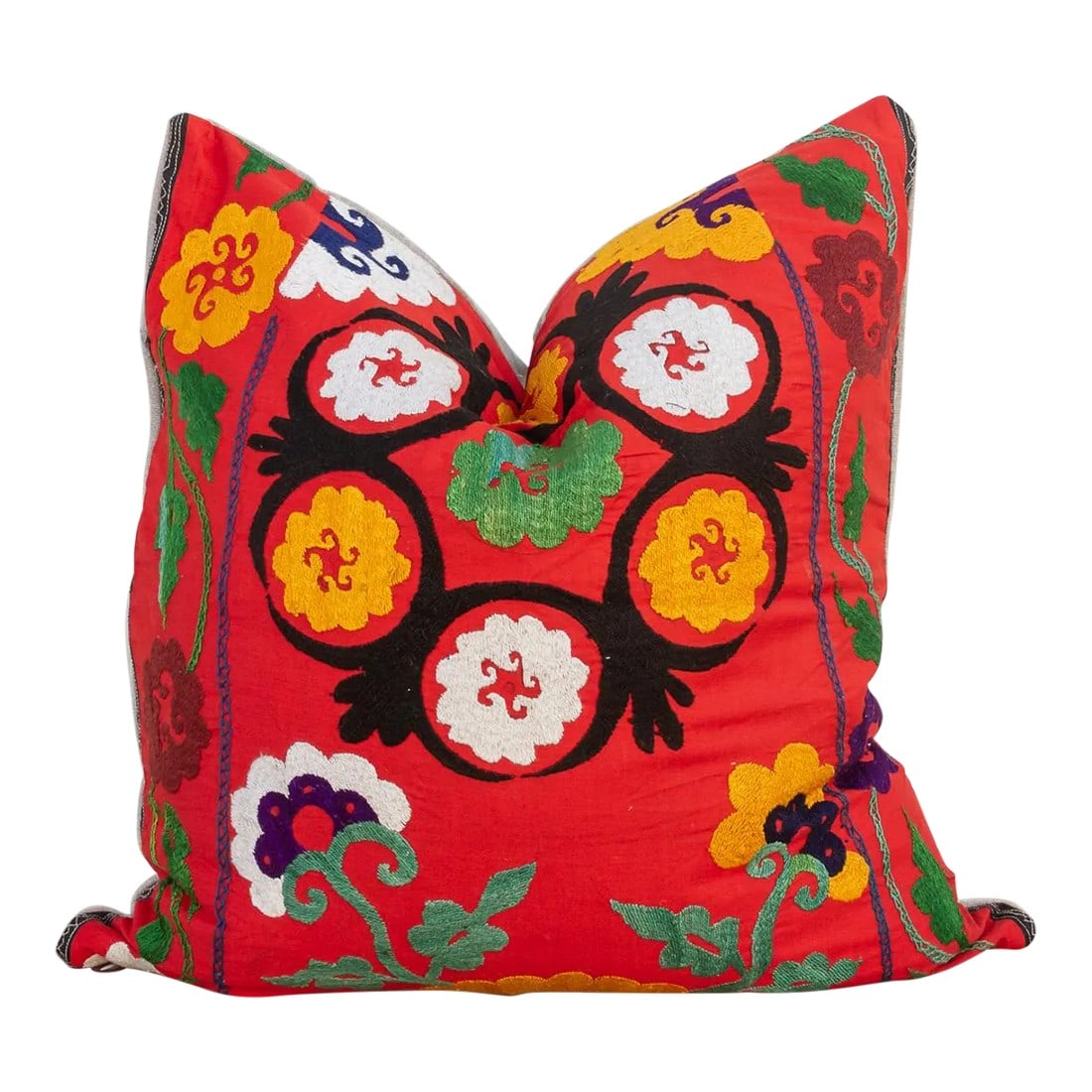 Amira Large Vintage Suzani Pillow: Suzani embroidery is a traditional form of needlework originating Central Asia. Suzani is a Persian word meaning "needle work". These antique Suzani tapestries were primarily created by women