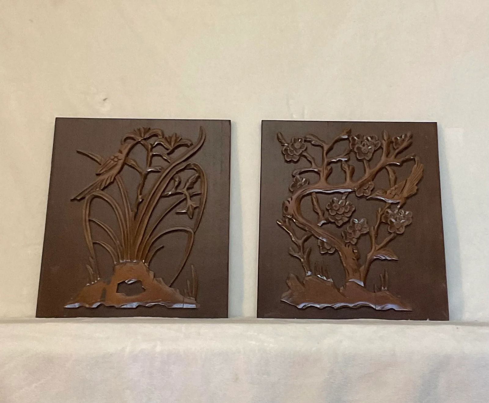 Pair of Vintage 60s Decorative Wood 3-D Wall Art Plaques 13 1/2" X 16" - 10