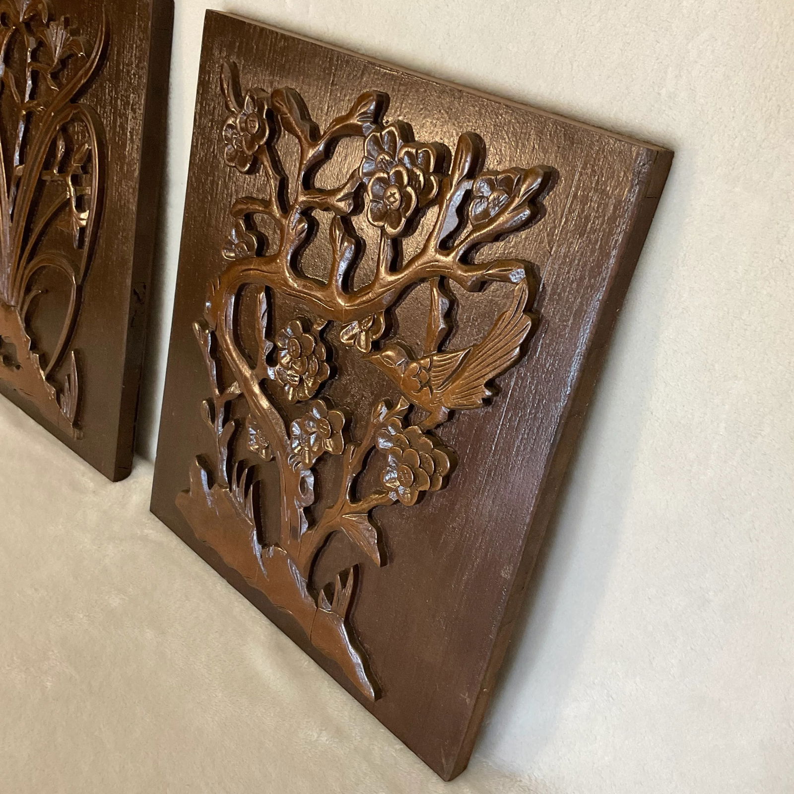 Pair of Vintage 60s Decorative Wood 3-D Wall Art Plaques 13 1/2" X 16" - 7