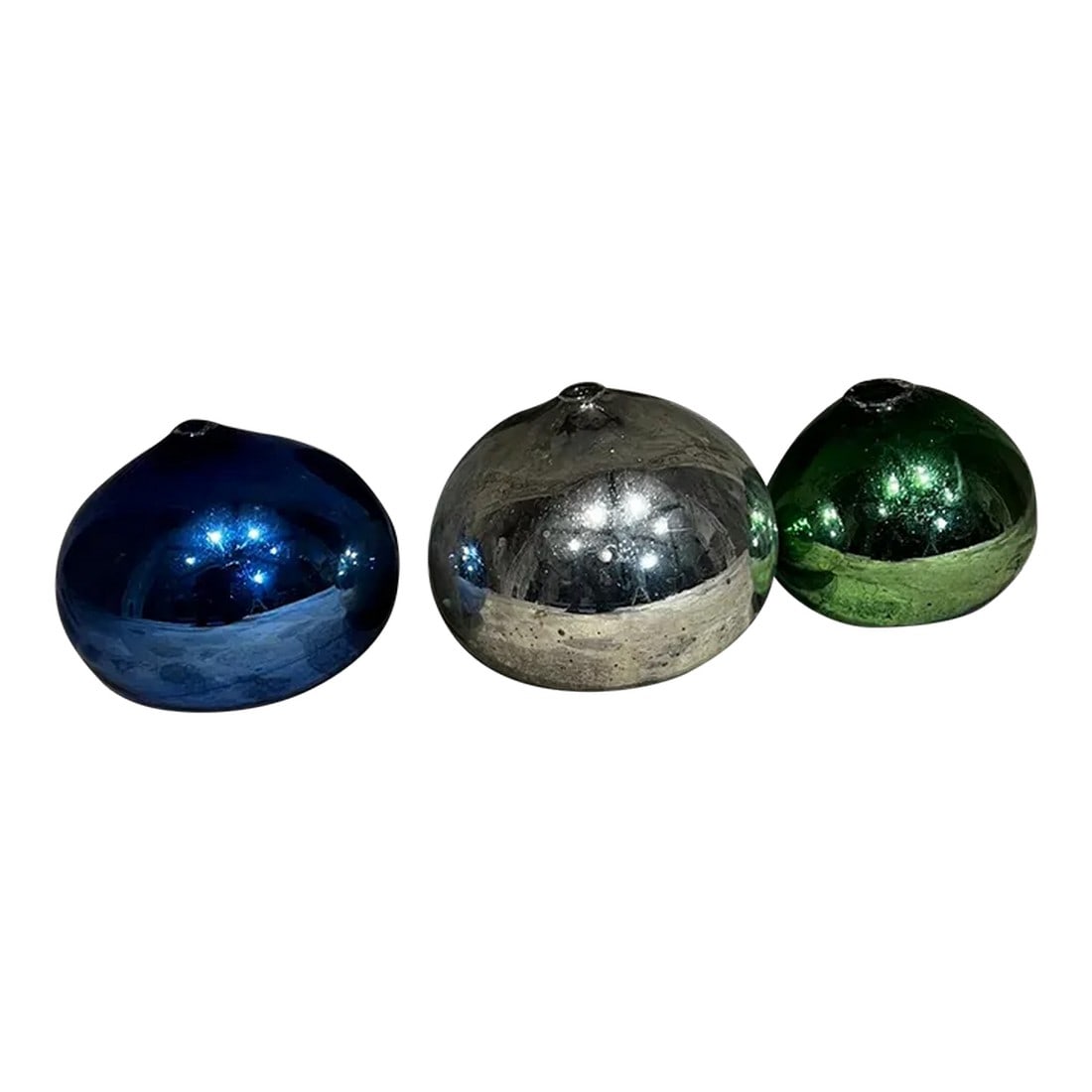 1960s Mexico Three Colorful Globes Gazing Ball Spheres Hand Blown Mercury Glass: AMBIANIC presents 1960s Mexico Three Colorful Globes Gazing Ball Spheres Hand Blown Mercury Glass Green 8 tall x 8 diameter Silver 10 tall x 10 diameter Blue 9 tall x 9 diameter Set of 3 mercury