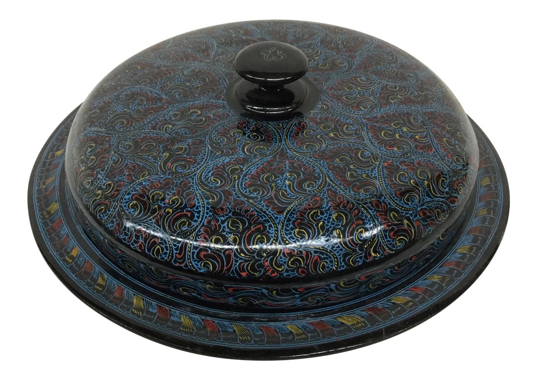 Vintage Kashmir Lacquer Divided Candy Dish: This beauty has been wrapped up and stored for over 35 years. In mint condition as new. Heavy black lacquer over wood and hand painted. A wonderful addition to your interior. Condition: Condition