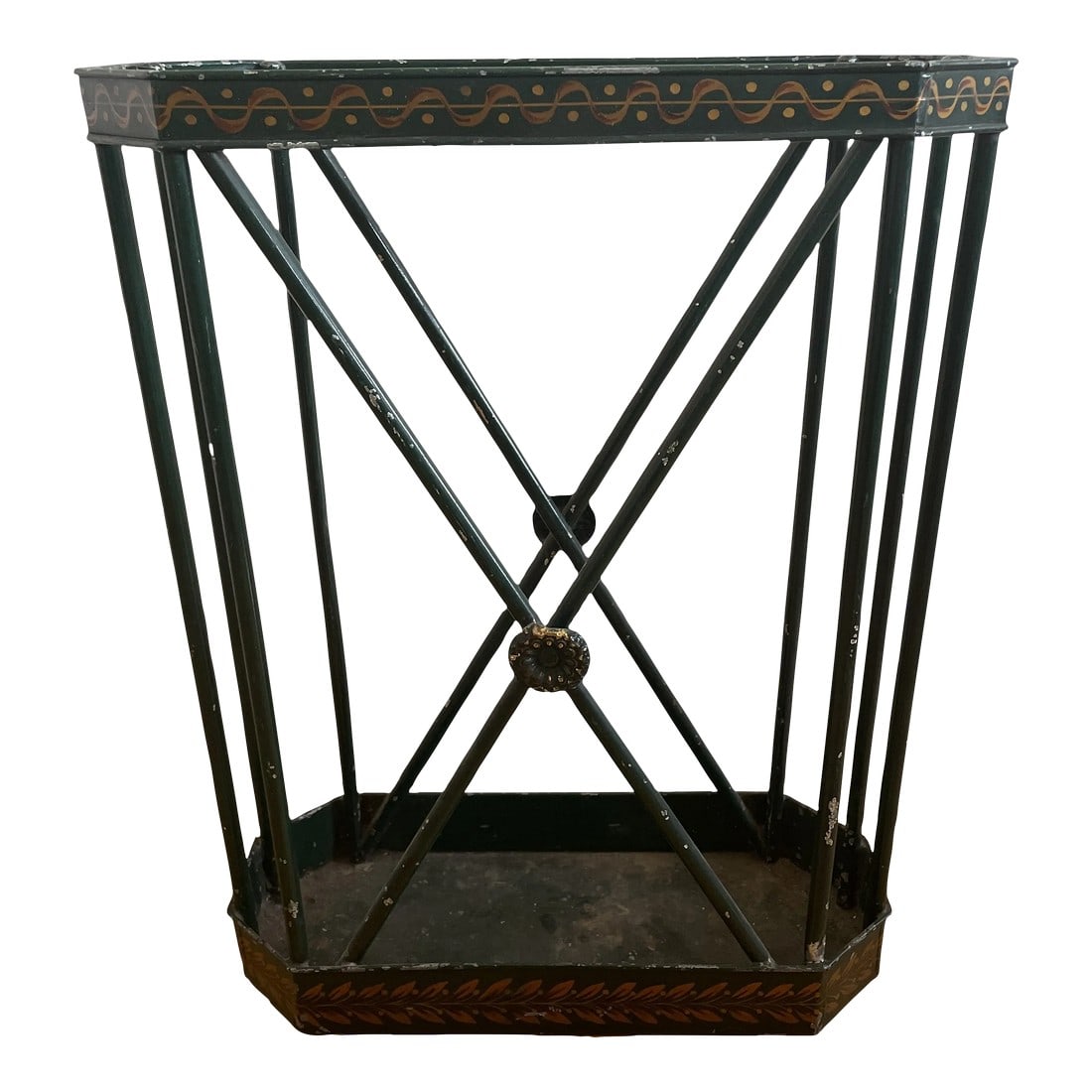 Early 19th Century Antique Painted Metal Umbrella Stand: Charming dark green stenciled umbrella stand in the neoclassical style. Condition: Alterations: Unknown Imperfections: Some Imperfections Condition Notes: Chipped paint . Appropriate for age. See