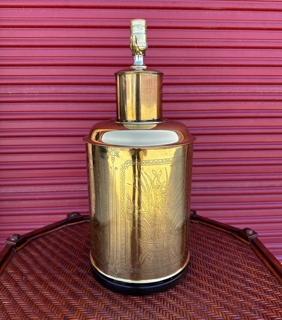 Vintage 70's Brass Tea Tin Chinoiserie Table Lamp - 2