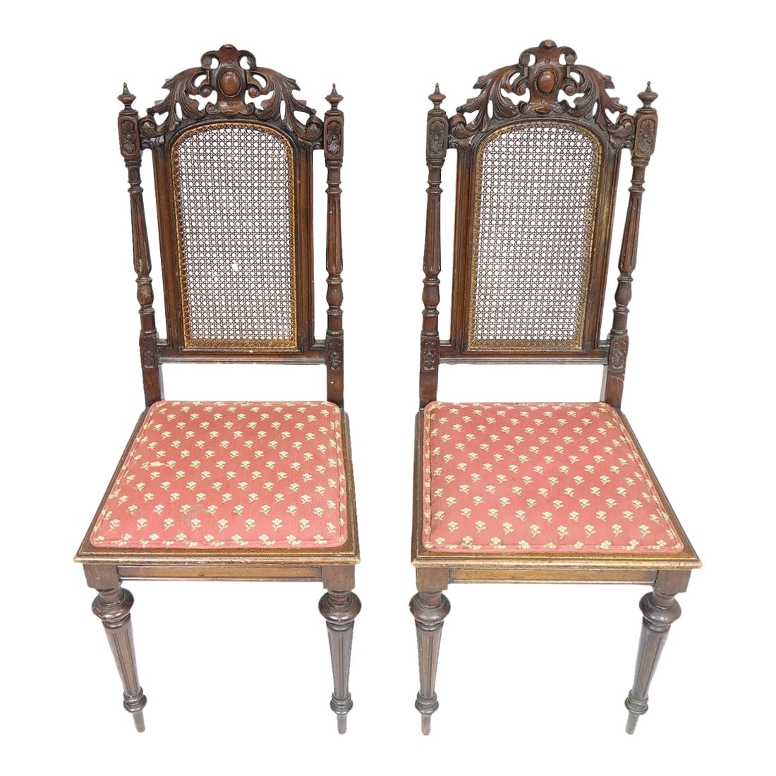 1940s Vintage Chairs With Elaborate Woodwork - a Pair: Pair Of Vintage Chairs With Elaborate Woodwork (17.5" x 17.5" x 43") Condition: Alterations: Unknown Imperfections: Some Imperfections Condition Notes: Good Condition. See pictures for more details. D