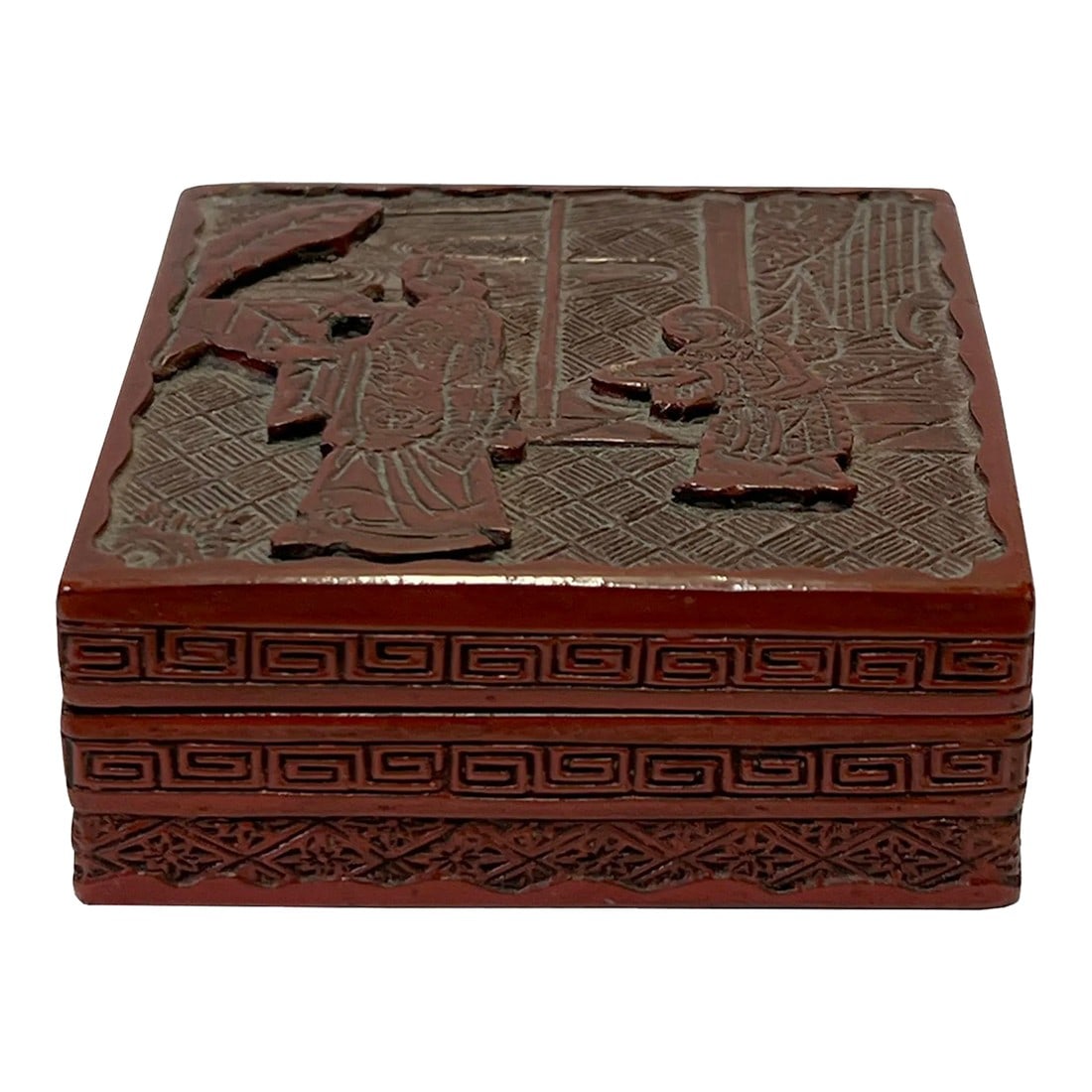 Vintage Chinese Red Resin Lacquer Square Carving Small Accent Box: This is a handmade Chinese accent decorative box made of resin lacquer mixed material. The surface is carved with a relief pattern of Oriental people scenery and pattern. ( not for food storage or ser