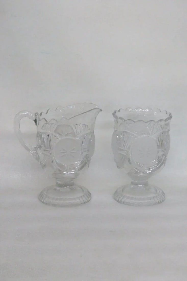 Eapg Glass Horn of Plenty Frosted Circle Footed Creamer and Sugar Bowl Set - 2
