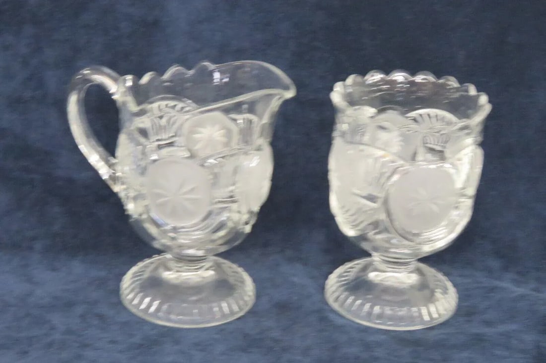 Eapg Glass Horn of Plenty Frosted Circle Footed Creamer and Sugar Bowl Set - 4