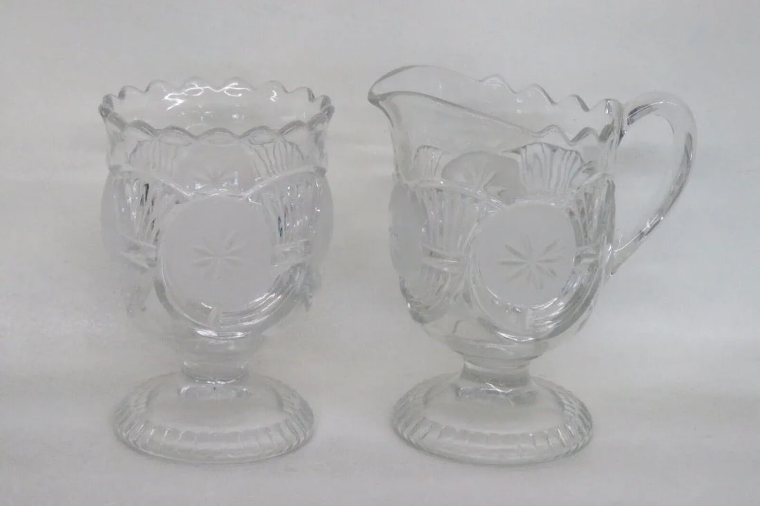 Eapg Glass Horn of Plenty Frosted Circle Footed Creamer and Sugar Bowl Set - 6