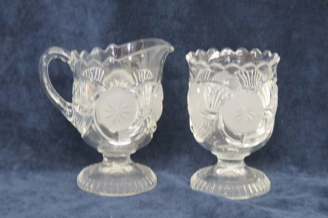 Eapg Glass Horn of Plenty Frosted Circle Footed Creamer and Sugar Bowl Set - 7