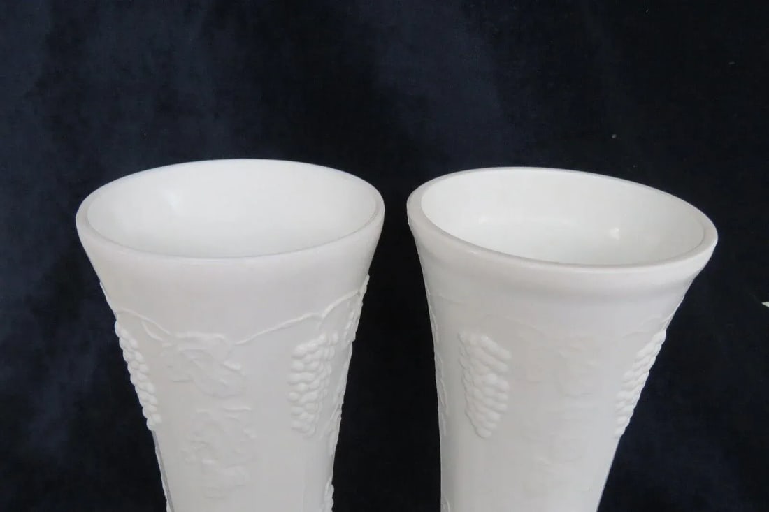 Westmoreland White Milk Glass Grapevine Design Footed Tall Vases a Pair - 2