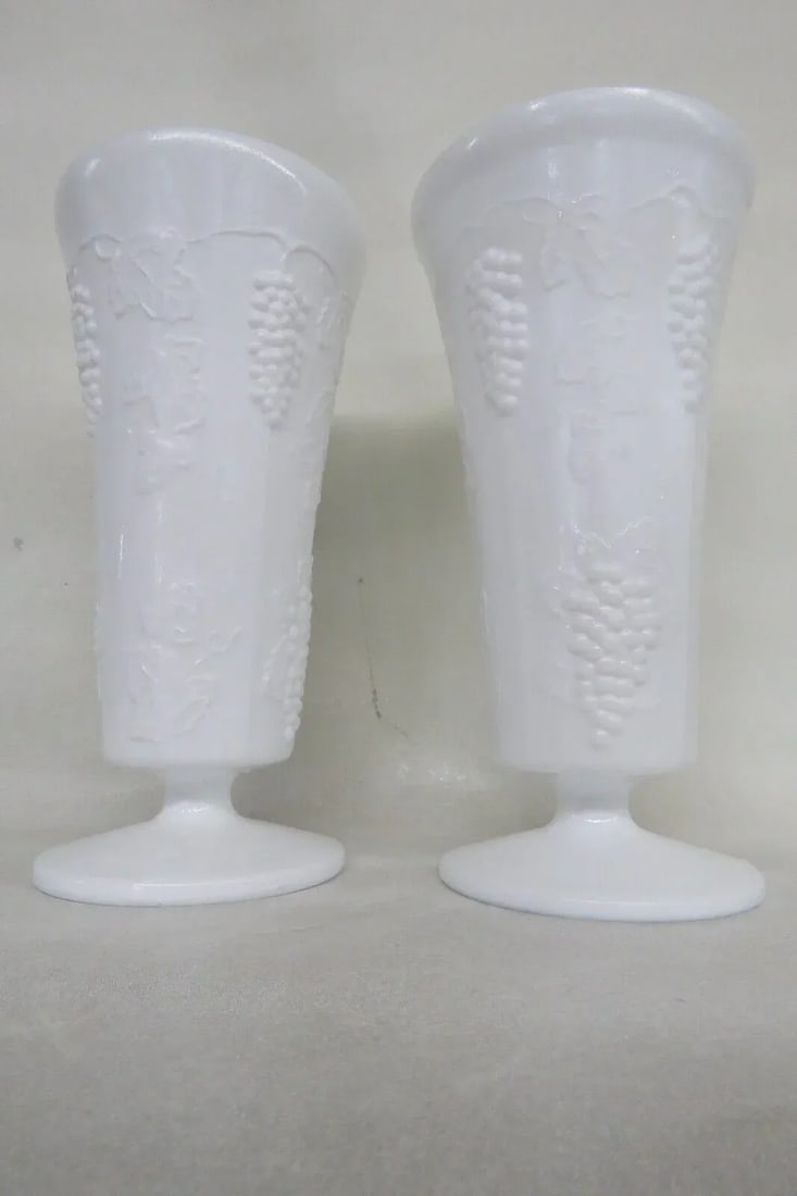 Westmoreland White Milk Glass Grapevine Design Footed Tall Vases a Pair - 3