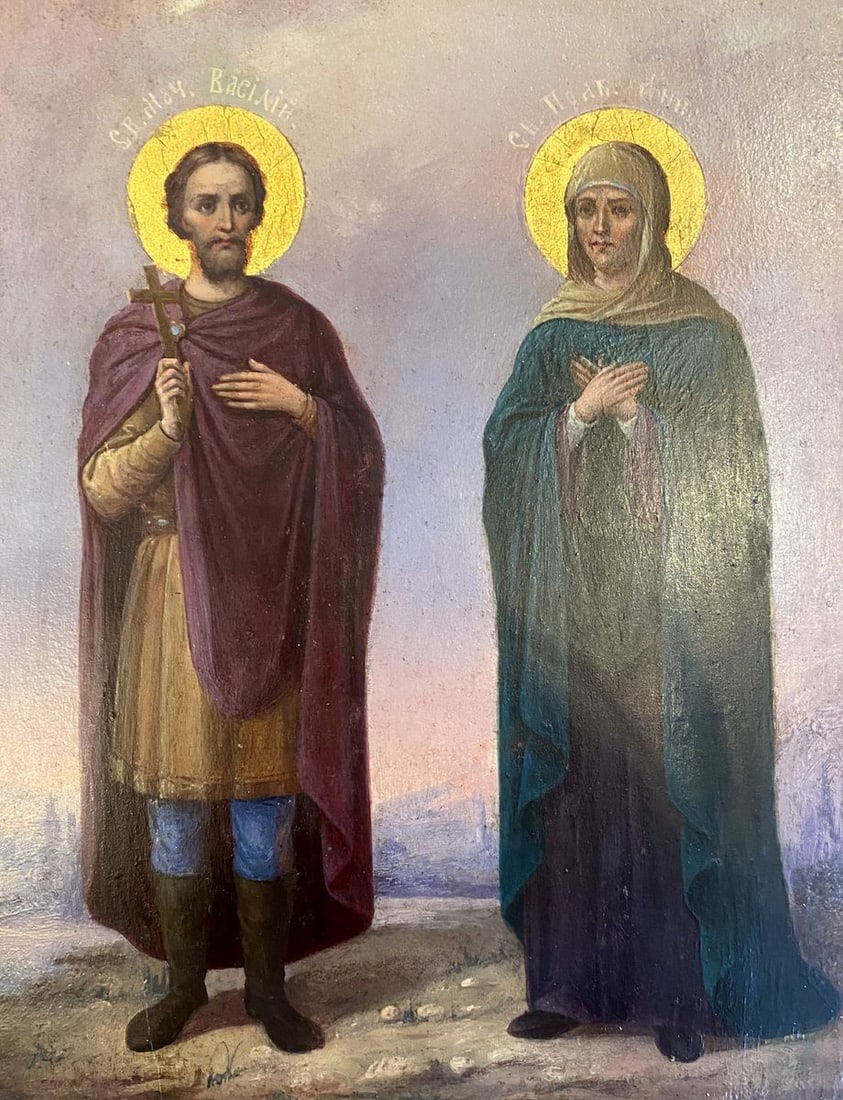 Saints Vasil and Anna: Title: Saints Vasil and Anna Description: №Icon 86 *** ABOUT THIS ICON *** * TITLE: "Saints Basil and Anna" * SIZE: 22x48 cm/'8.66x18.89 inches' * MEDIUM: wood * HAND PAINTED: Original