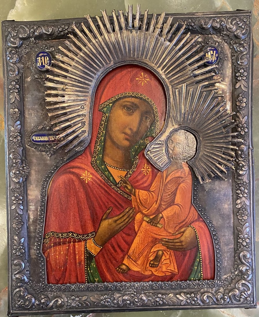 Theotokos of Tikhvin: Title: Theotokos of Tikhvin Description: №Icon 92 *** ABOUT THIS ICON *** * TITLE: "Theotokos of Tikhvin" * SIZE: 31x26 cm/'12.20x10.23 inches' * MEDIUM: wood * HAND PAINTED: Original painting f