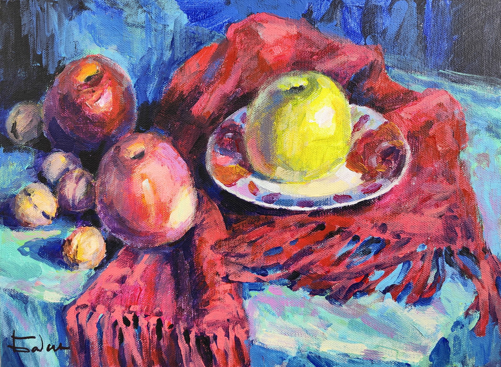 Oil painting still life with a red scarf Vyacheslav Petrovich Babac: Title: Oil painting still life with a red scarf Vyacheslav Petrovich Babac Description: 128BA Painter: Vyacheslav Petrovick Babac Size: 30x40 cm/11.81x15.74 inches Components: oil, canvas Original pai