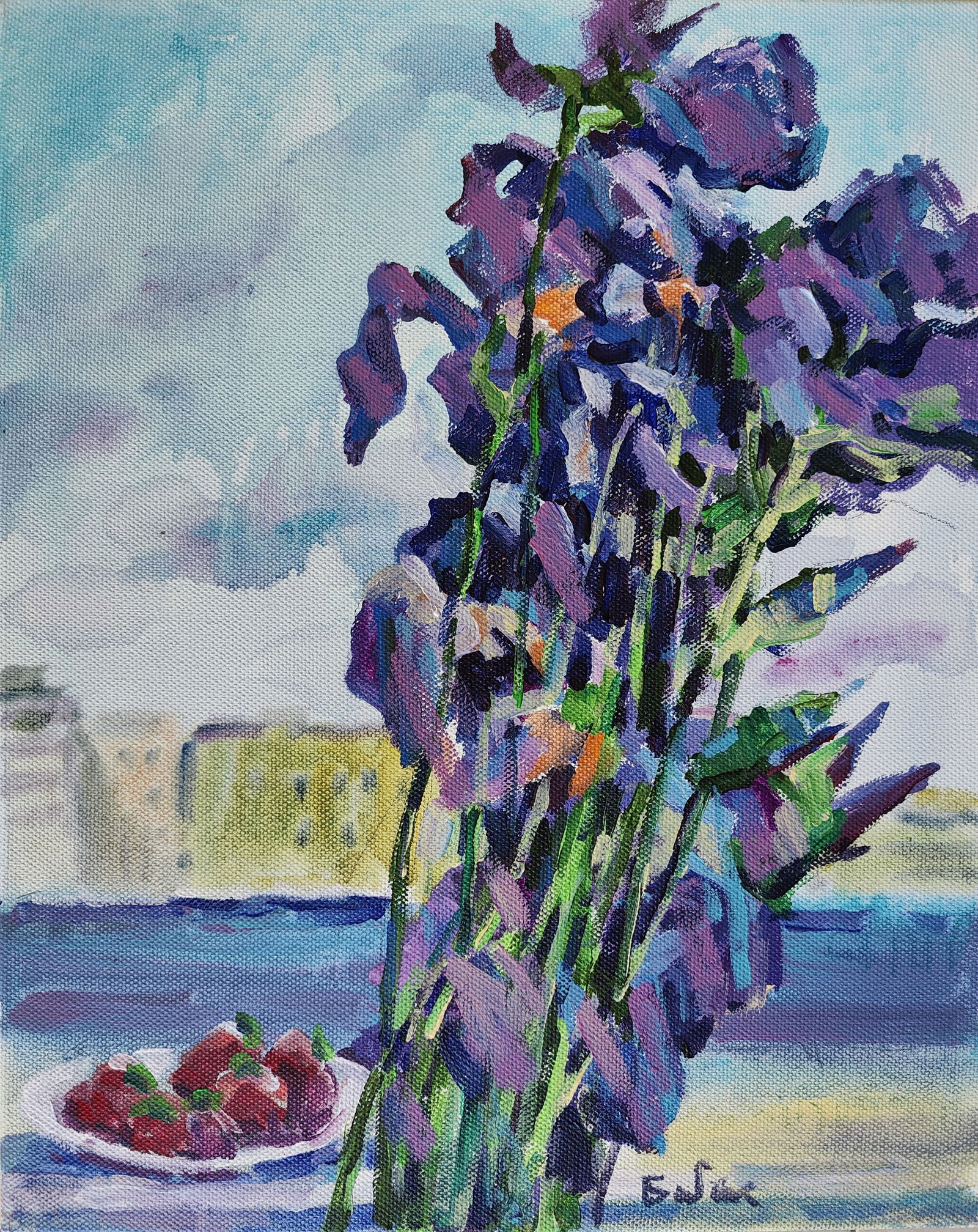 Acrylic painting iris on the windowsill Vyacheslav Petrovich Babac: Title: Acrylic painting iris on the windowsill Vyacheslav Petrovich Babac Description: 133BA Painter: Vyacheslav Petrovick Babac Size: 50x40 cm/19.68x15.74 inches Components: acrylic, canvas Original