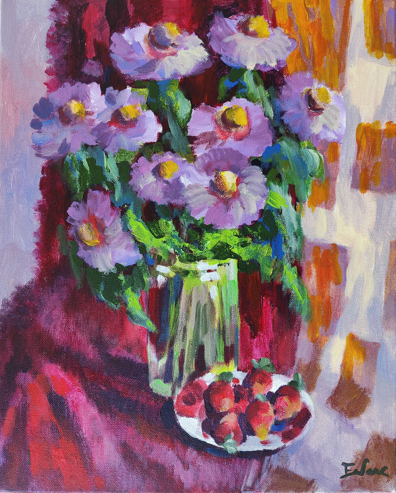 Acrylic painting flowers on red Vyacheslav Petrovich Babac (1 of 2)