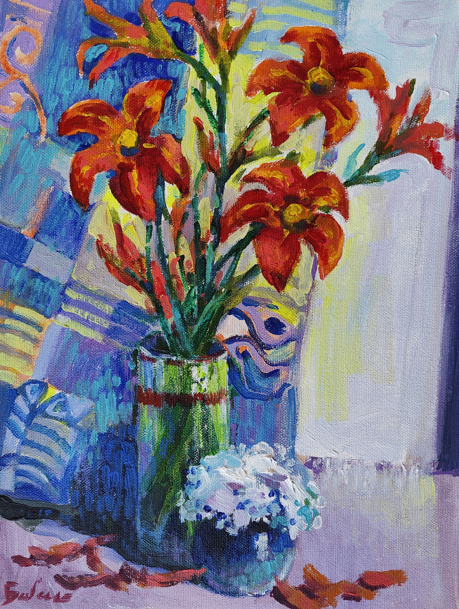 Acrylic painting still life with a daylily Vyacheslav Petrovich Babac: Title: Acrylic painting still life with a daylily Vyacheslav Petrovich Babac Description: 147BA Painter: Vyacheslav Petrovick Babac Size: 40x30 cm/15.74x11.81 inches Components: acrylic, canvas