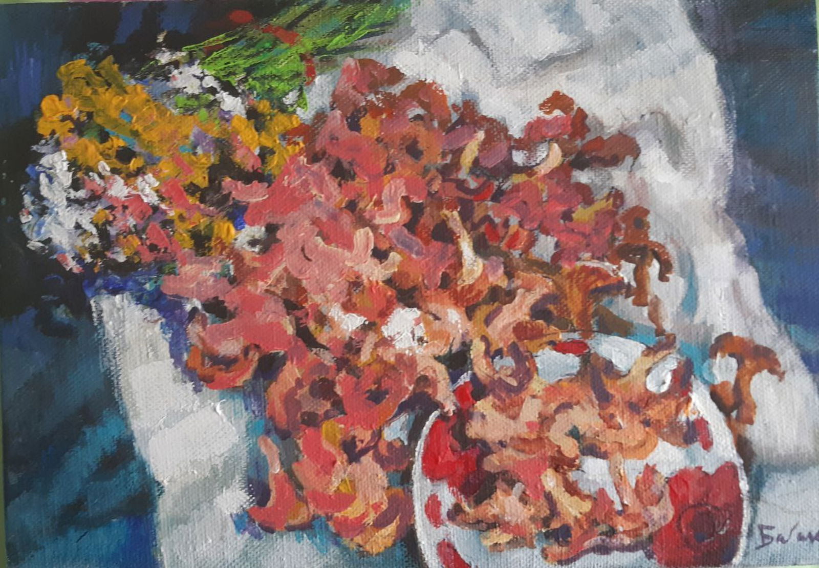 Acrylic painting Chanterelle mushrooms Vyacheslav Petrovich Babac: Title: Acrylic painting Chanterelle mushrooms Vyacheslav Petrovich Babac Description: 170BA Painter: Vyacheslav Petrovick Babac Size: 35x50 cm/13,78x19,68 inches Components: Acrylic, canvas Original p