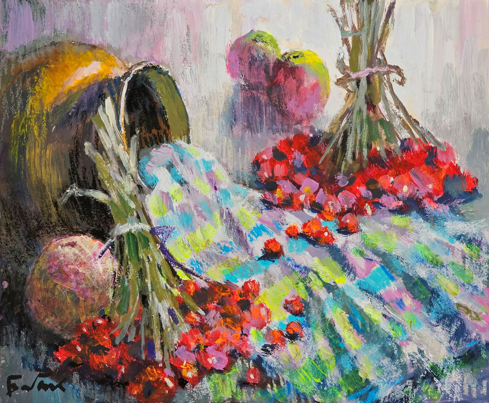 Acrylic painting still life with viburnum Vyacheslav Petrovich Babac: Title: Acrylic painting still life with viburnum Vyacheslav Petrovich Babac Description: 233BA Painter: Vyacheslav Petrovick Babac Size: 22x27 cm/ 8.66x10.62 inchesComponent: Acrylic, cardboard Origin