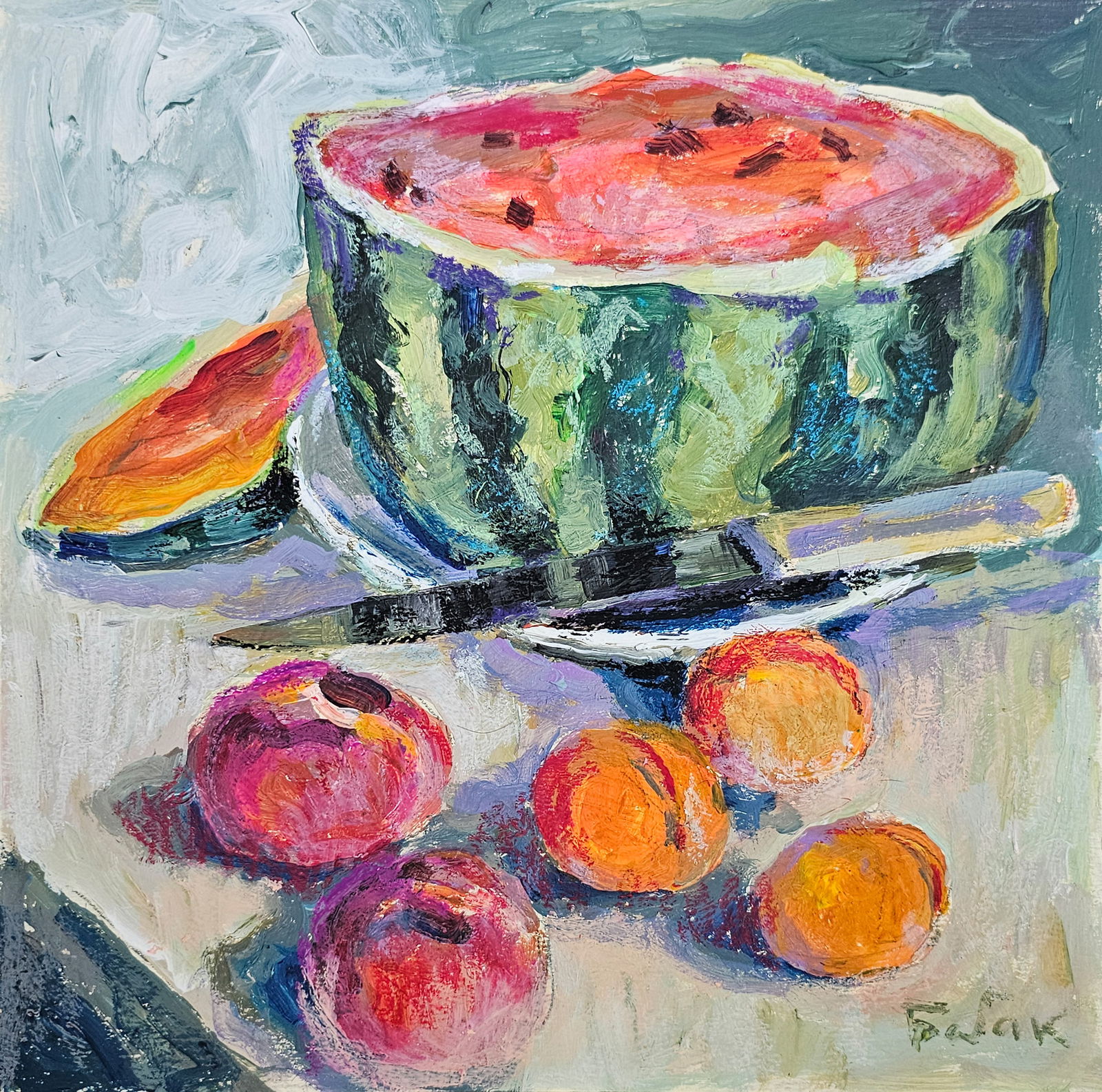 Acrylic painting Still life with watermelon Vyacheslav Petrovich Babac: Title: Acrylic painting Still life with watermelon Vyacheslav Petrovich Babac Description: 298BA Painter: Vyacheslav Petrovick Babac Size: 26x25 cm/ 10.23x9.84 inches Components: Acrylic, cardboard Or