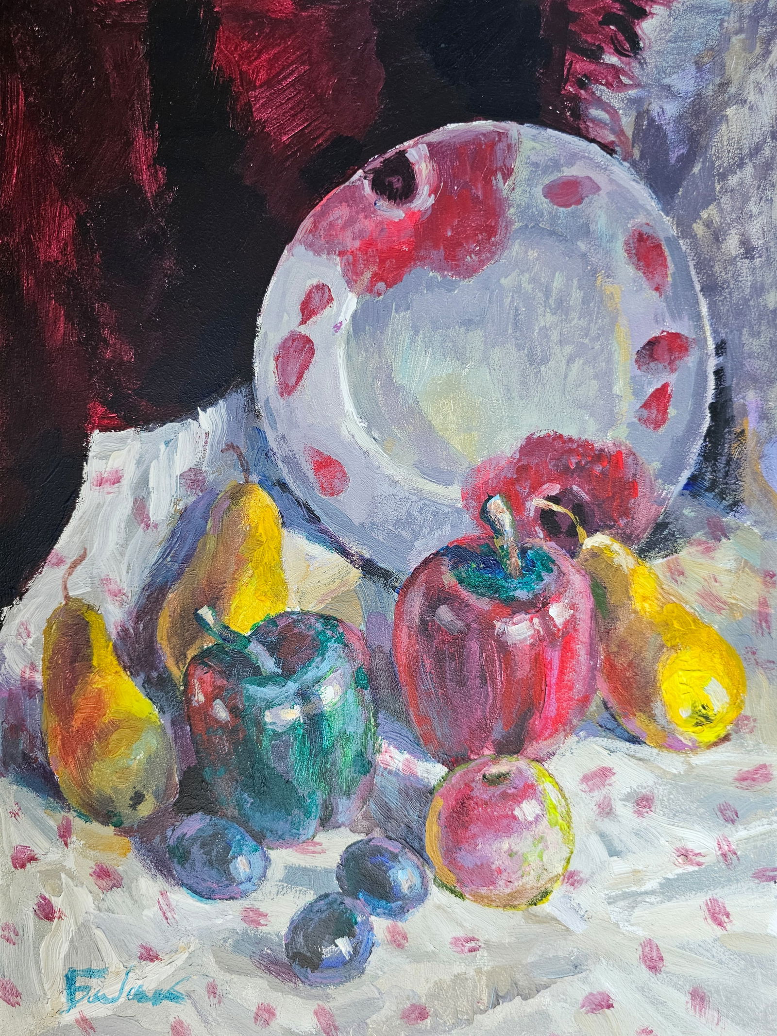 Acrylic painting still life with a plate Vyacheslav Petrovich Babac: Title: Acrylic painting still life with a plate Vyacheslav Petrovich Babac Description: 335BA Painter: Vyacheslav Petrovick Babac Size: 40x30 cm/ 15.74x11.81 inches Components: Acrylic, cardboard Orig