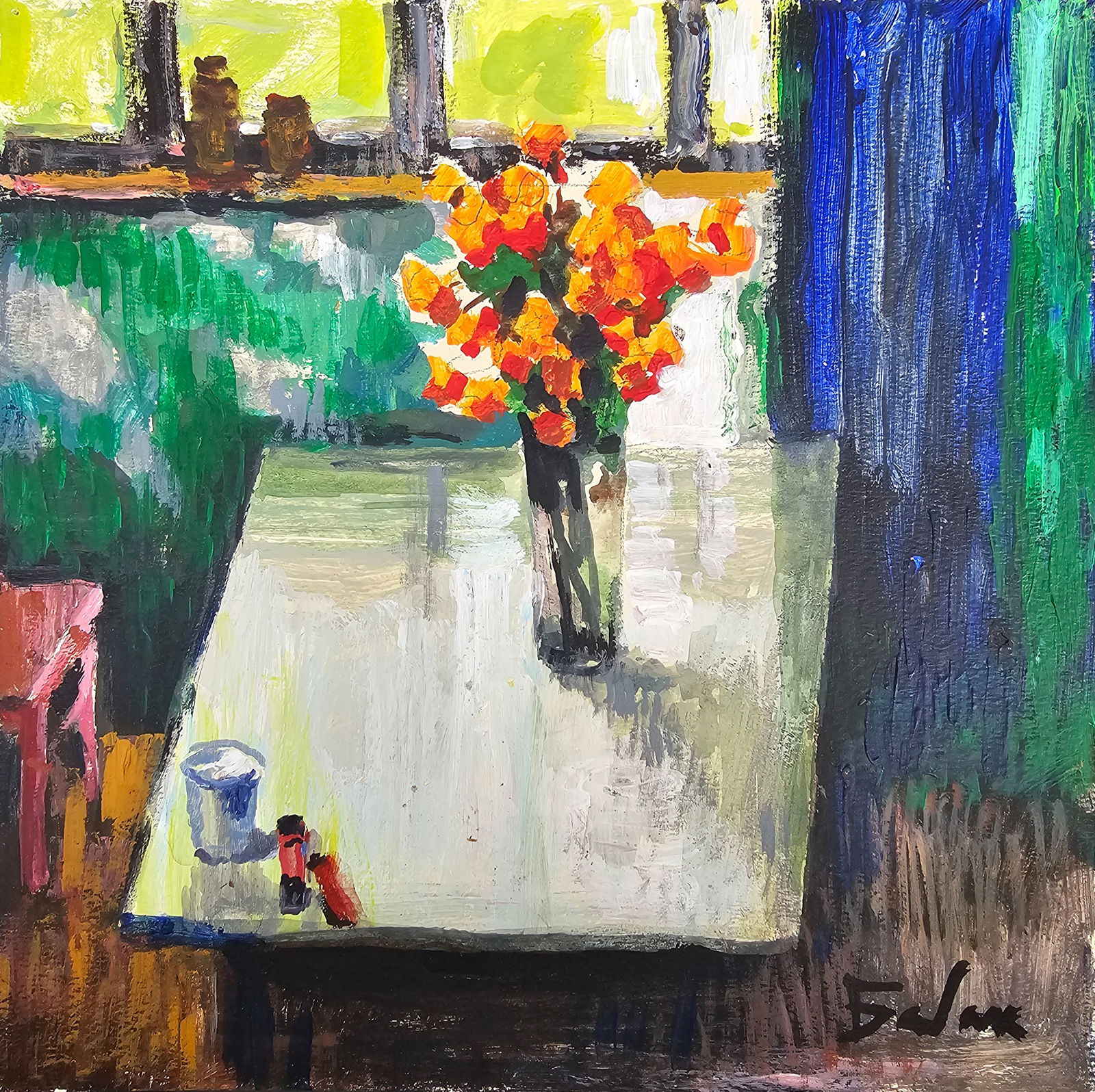 Acrylic painting Still life with marigolds Vyacheslav Petrovich Babac: Title: Acrylic painting Still life with marigolds Vyacheslav Petrovich Babac Description: 372BA Painter: Vyacheslav Petrovick Babac Size: 26x26 cm/ 10.23x10.23 inches Components: Acrylic, cardboard Or
