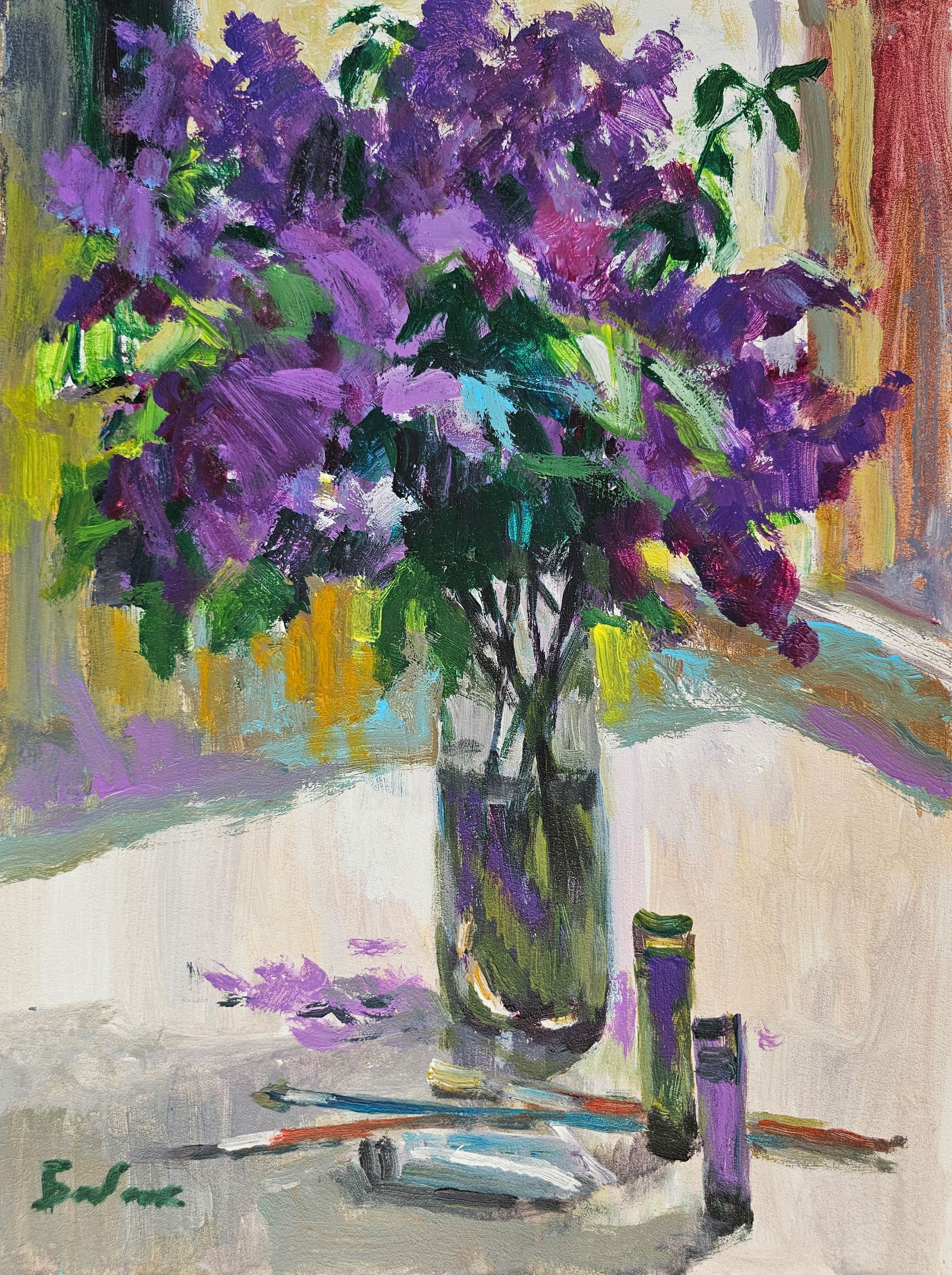 Acrylic painting lilac still life Vyacheslav Petrovich Babac: Title: Acrylic painting lilac still life Vyacheslav Petrovich Babac Description: 411BA Painter: Vyacheslav Petrovick Babac Size: 40x30 cm/ 15.74x11.81 inches Components: Acrylic, cardboard Original