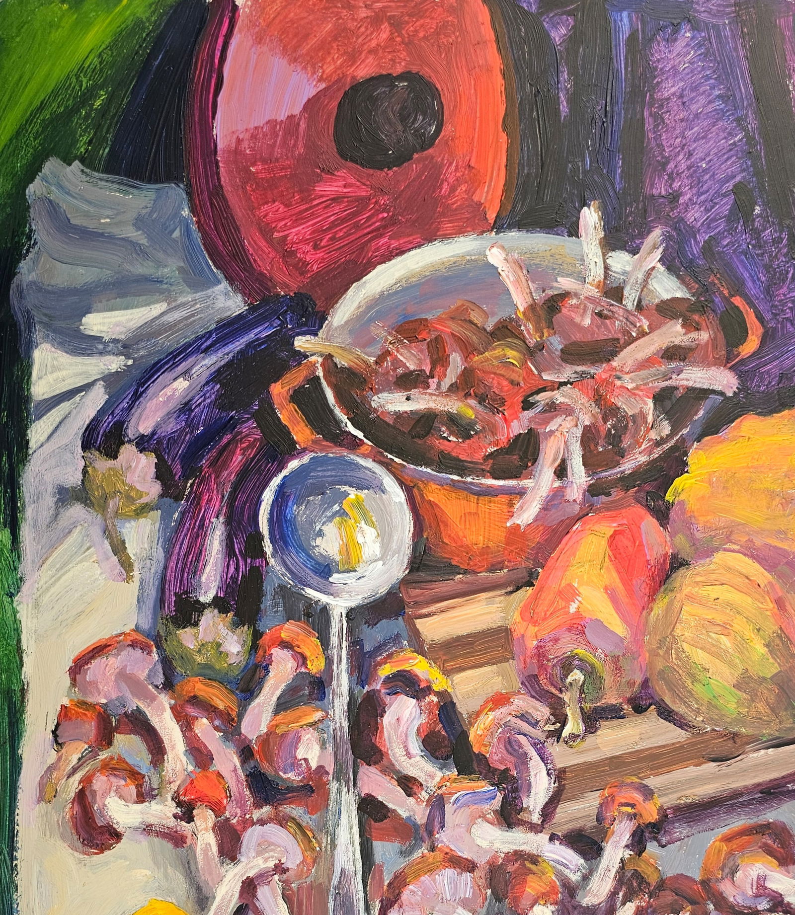 Acrylic painting red pot with mushrooms Vyacheslav Petrovich Babac - 3