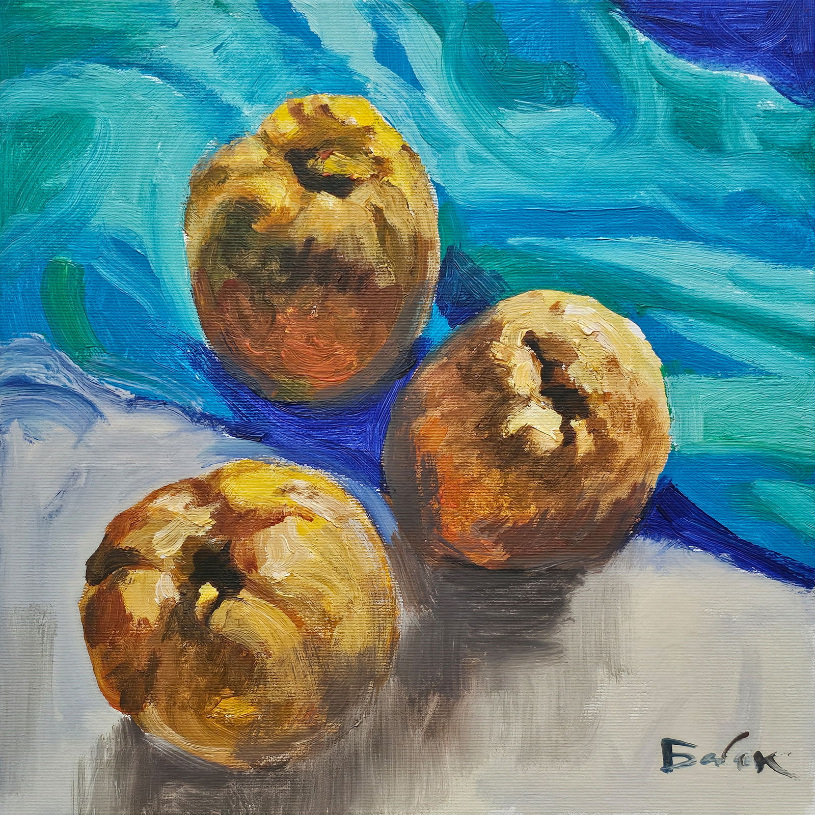 Acrylic painting still life with quince Vyacheslav Petrovich Babac: Title: Acrylic painting still life with quince Vyacheslav Petrovich Babac Description: 467BA Painter: Vyacheslav Petrovick Babac Size: 30x30 cm/ 11.81x11.81 inches Components: Acrylic, canvas