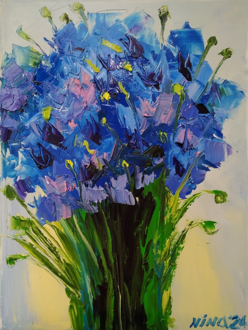Oil painting Cornflowers Nina L: Title: Oil painting Cornflowers Nina L Description: 01Lt Painter: Nina L. Size: 40x30 cm/ 15.74x11.81 inches Components: oil, canvas Original paintingCONDITION: exellent ERA: 2024ARTIST: She was born