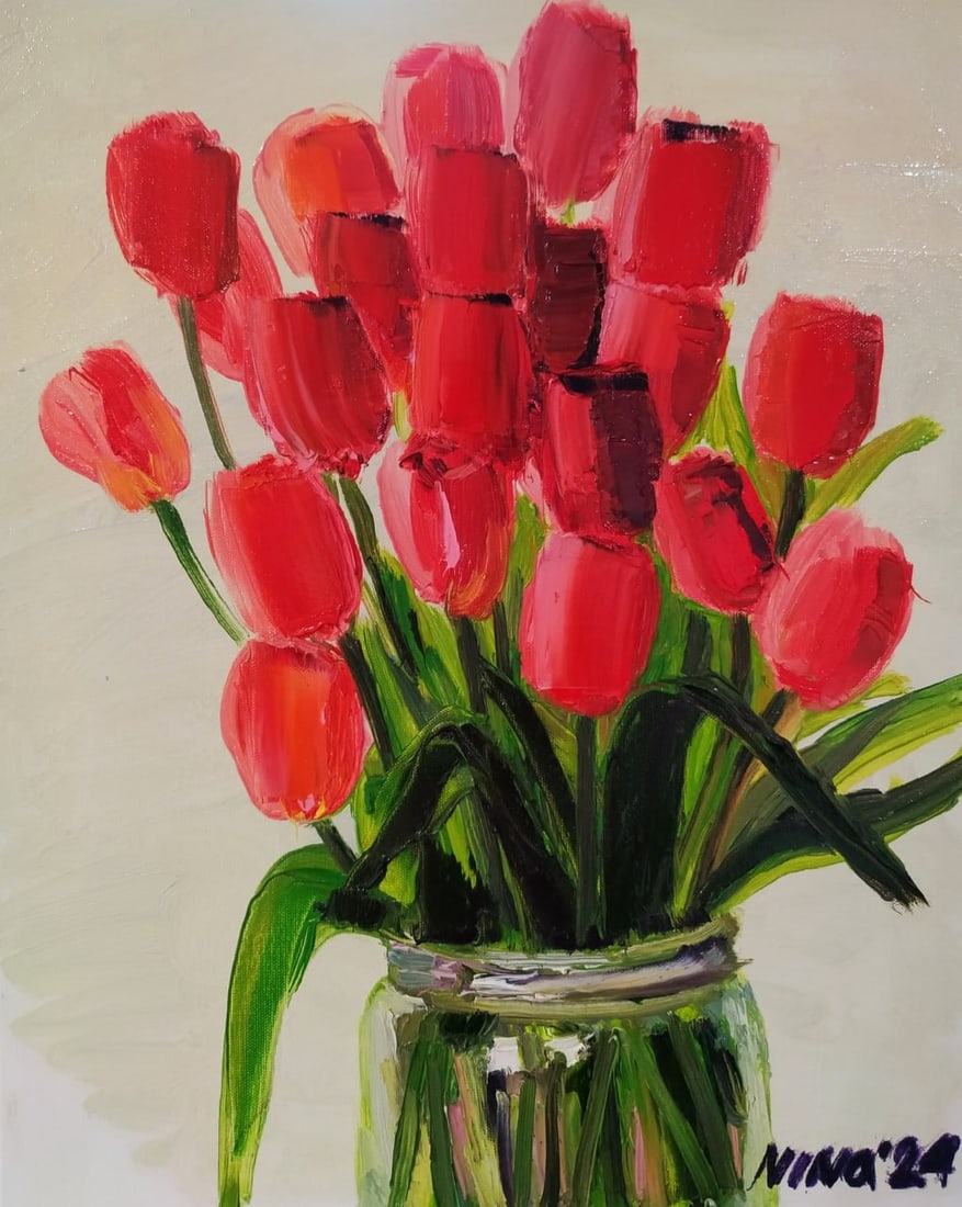 Oil painting Tulips Nina L: Title: Oil painting Tulips Nina L Description: 11Lt Painter: Nina L. Size: 50x40 cm/ 19.68x15.74 inches Components: oil, canvas Original paintingCONDITION: exellent ERA: 2024ARTIST: She was born on No