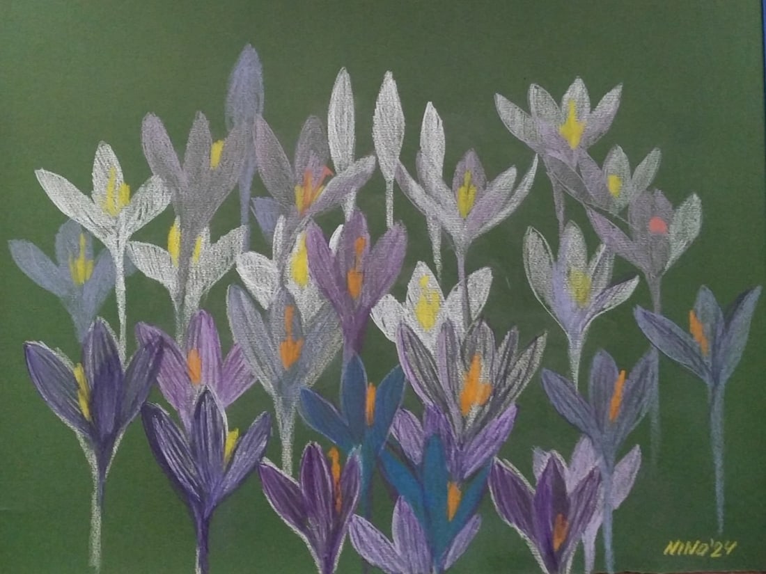 Oil painting Crocuses Nina L: Title: Oil painting Crocuses Nina L Description: 26Lt Painter: Nina L. Size: 43x53 cm/ 16.92x20.86 inches Components: pencils, paper Original paintingCONDITION: exellent ERA: 2024ARTIST: She was born